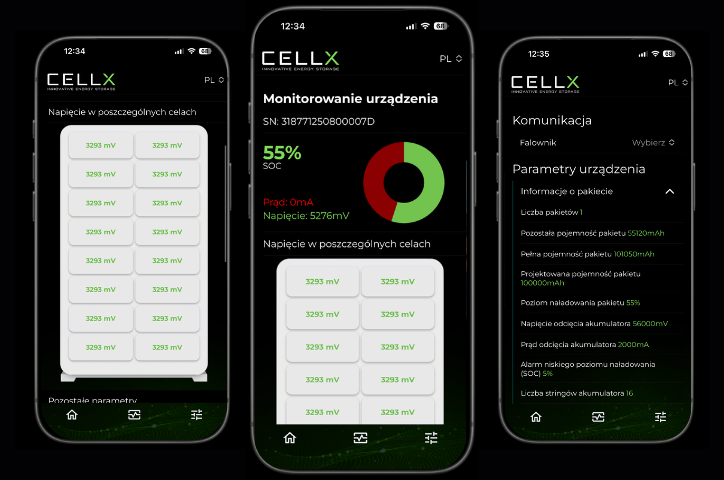 Aplikacja mobilna PV Magazyn — trzy ekrany smartfona pokazujące monitoring magazynu energii: stan baterii, oszczędności, historia pracy